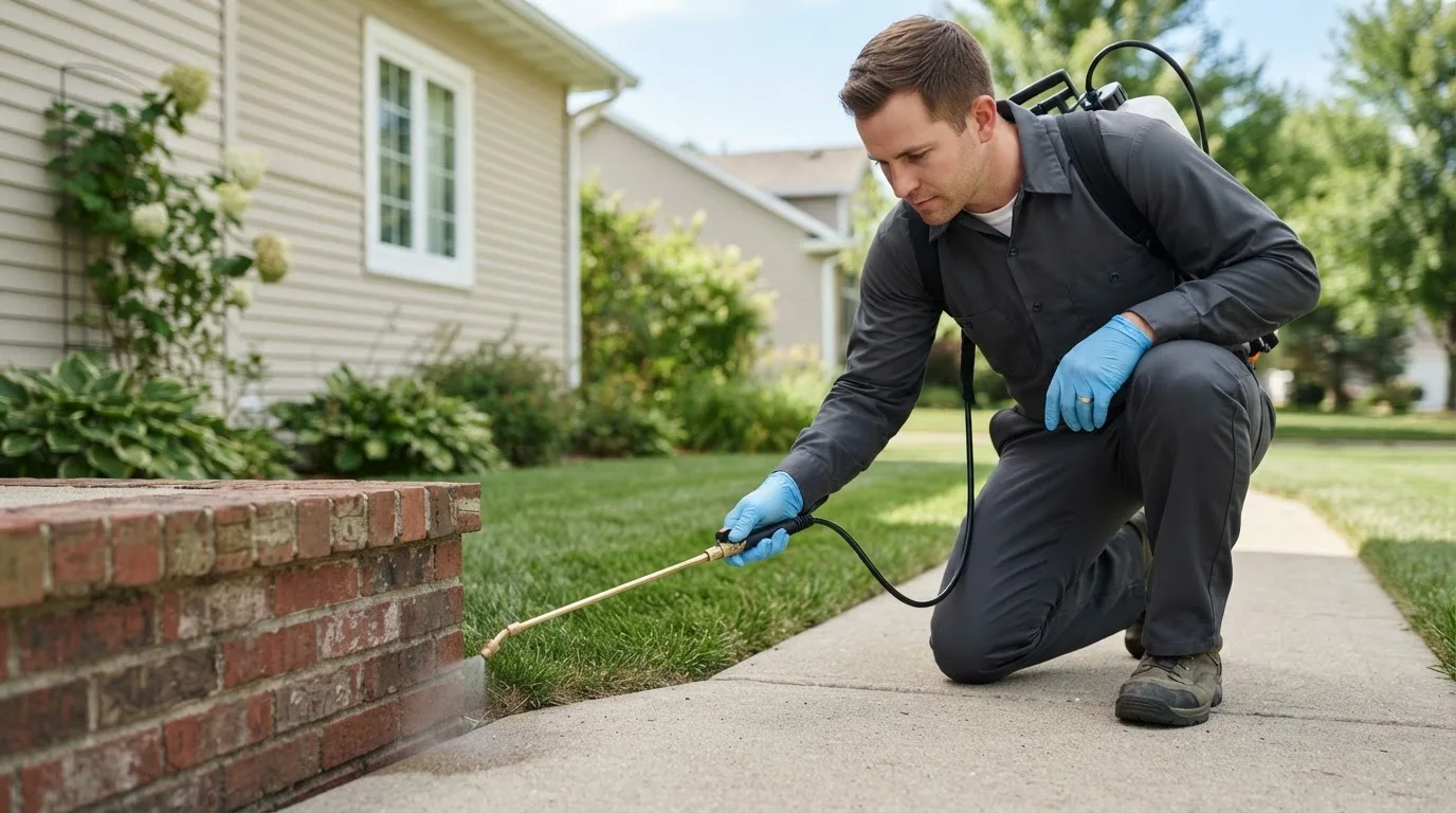 Pest control technician treating a home near Olmsted Falls, OH