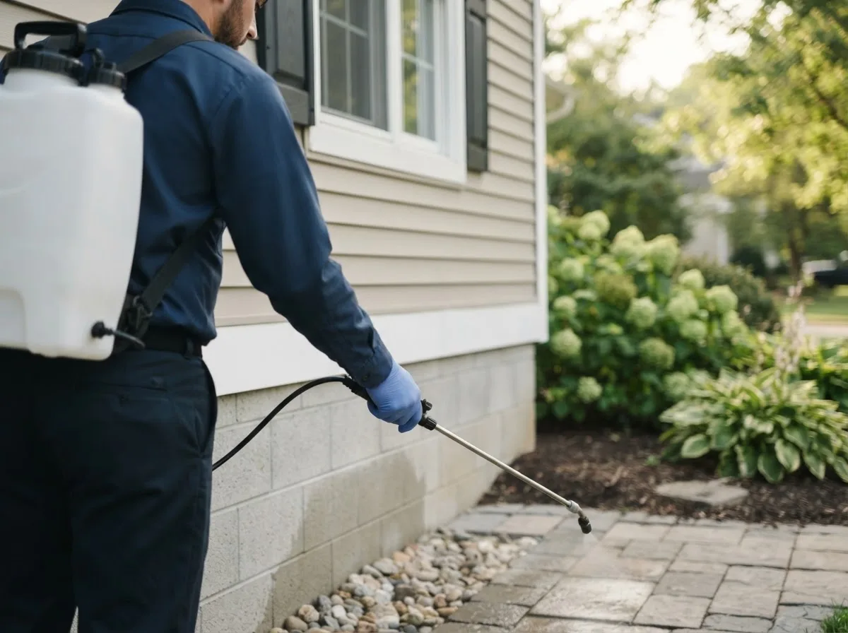 Pest control technician inspecting a home in Olmsted Falls, OH